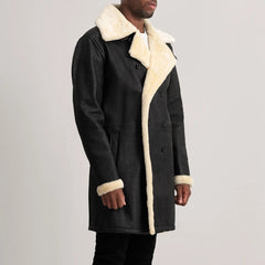 James Tumbled Black Leather Shearling Double-Breasted Coat for men