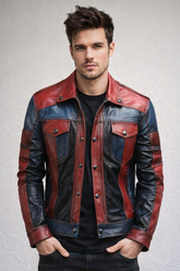 Men’s red and blue genuine sheepskin leather jacket crafted for premium style and comfort.
