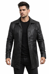 Men Piano Black Real Lambskin Long Length Leather Overcoat - 3/4 Length Genuine Leather Black Long Coat for Men