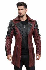 Men's Handmade Victorian Style Metrix Trench Coat - Halloween Dracula Red Leather Trench Coat for Men