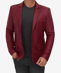Lapel Maroon Leather Blazer for men