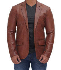 Jhonson Tan Notch Lapel Two Button Leather Blazer Jacket