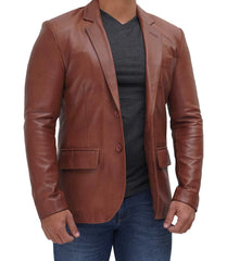 Jhonson Tan Notch Lapel Two Button Leather Blazer Jacket