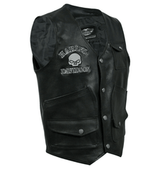 Harley Davidson Reflective Skull Distressed Black Cowhide Motorcycle Leather Vest - MNCLeather
