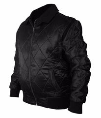 Ryan Gosling Black Satin Varsity Bomber Jacket with White Scorpion Embroidered Logo - MNCLeather