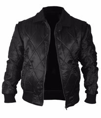 Ryan Gosling Black Satin Varsity Bomber Jacket with White Scorpion Embroidered Logo - MNCLeather