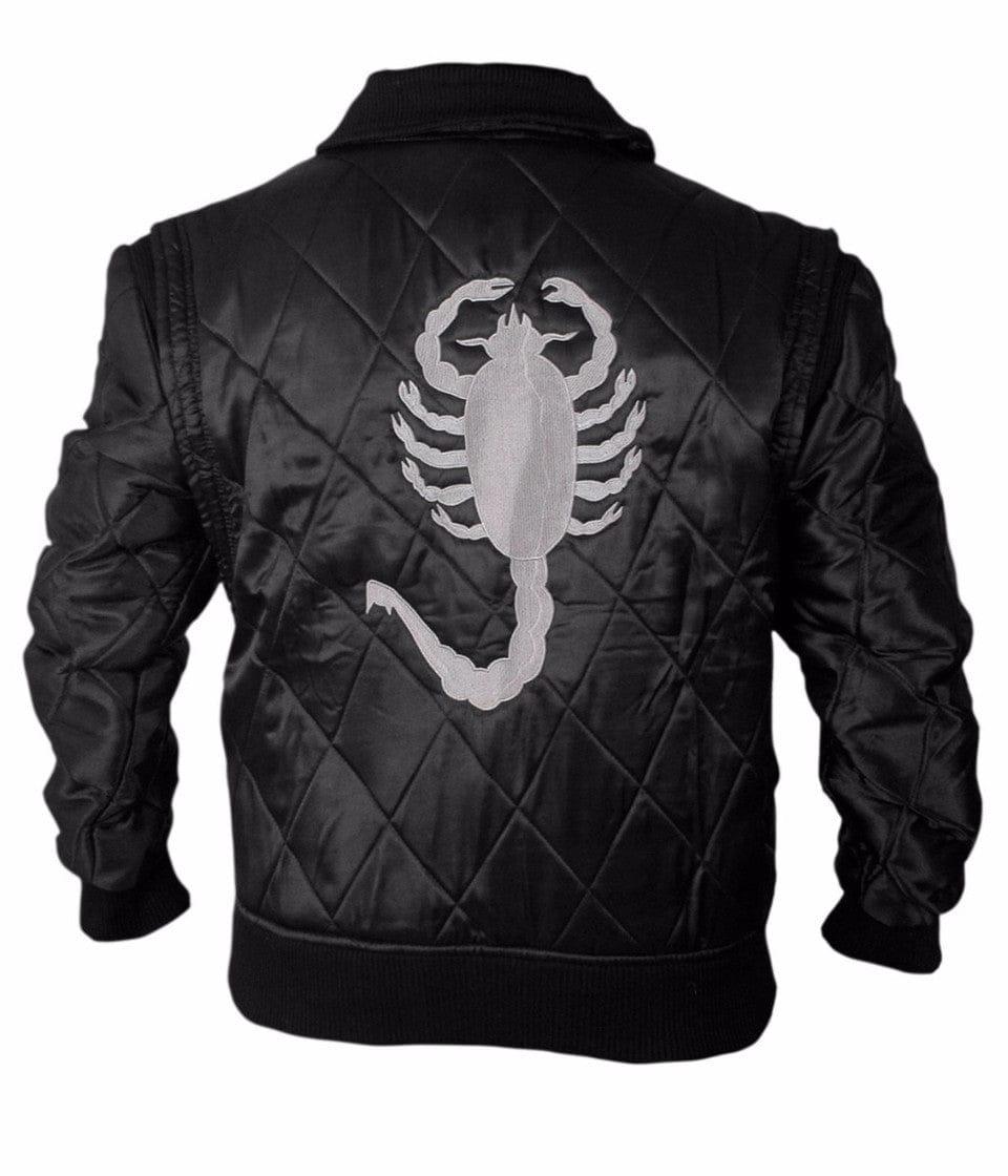 Ryan Gosling Black Satin Varsity Bomber Jacket with White Scorpion Embroidered Logo - MNCLeather