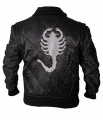 Ryan Gosling Black Satin Varsity Bomber Jacket with White Scorpion Embroidered Logo - MNCLeather