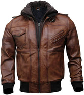 Casual Brown Bomber Leather Jacket with Removable Hood for Men - MNCLeather