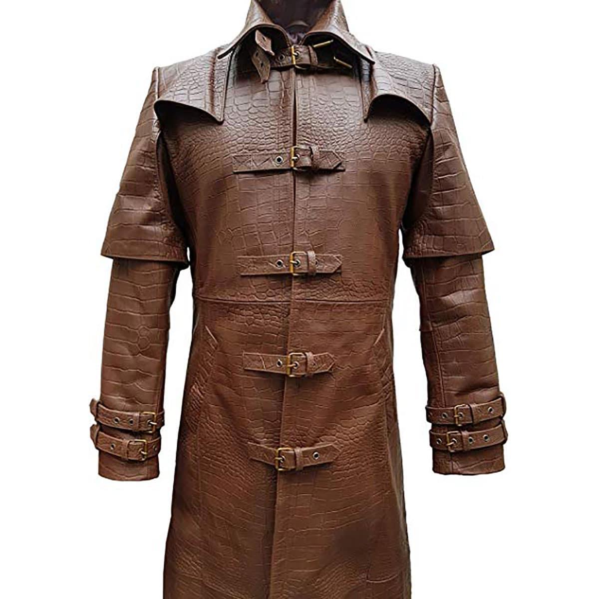 Tan Brown Full Length Steampunk Halloween Cosplay Leather Trench Coat for Men - MNCLeather