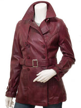 Casual Straight Fight Burgundy Red Long Length Trench Real Leather Overcoat for Women - MNCLeather