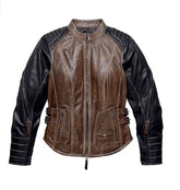Distressed Brown Triple Vent System Cowhide Motorcycle Leather Jacket for Women - MNCLeather