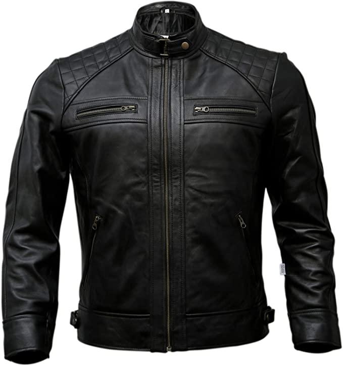 Alligator Motorcycle Black Real Leather Jacket with Quilted Shoulders - MNCLeather