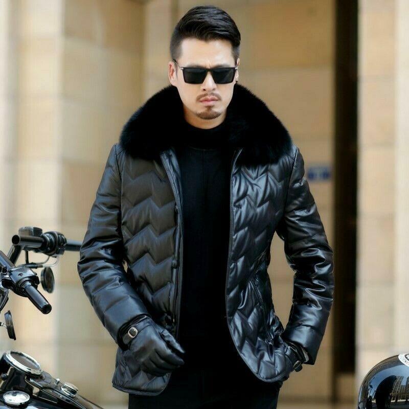Mens Luxury Down Black Puffer Leather Jacket with Faux Fur Collar - MNCLeather