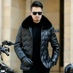 Mens Luxury Down Black Puffer Leather Jacket with Faux Fur Collar - MNCLeather