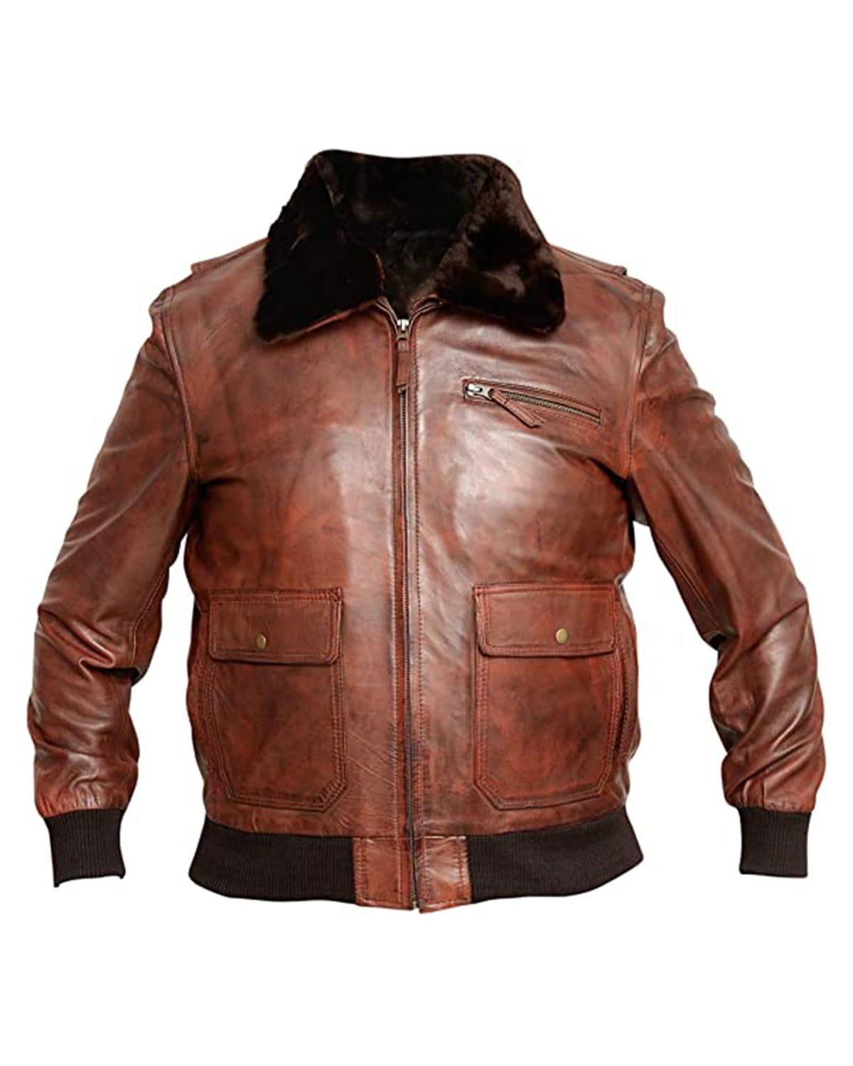 Men's G1 Navy Flight Bomber Aviator Real Leather Jacket in Tan Brown Color - MNCLeather
