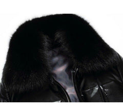 Mens Luxury Down Black Puffer Leather Jacket with Faux Fur Collar - MNCLeather