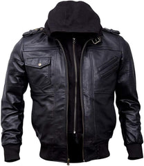 Casual Black Lambskin Bomber Leather Jacket with Removable Hood for Men - MNCLeather