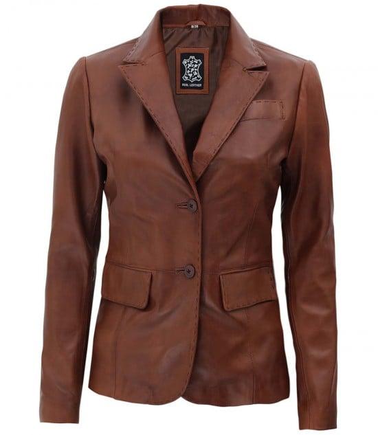 Real Lambskin Tan Brown Lightweight Business Leather Coat for Women - MNCLeather