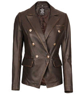 Distressed Brown Real Lambskin Leather Blazer for Women with Button Closure - MNCLeather