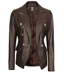 Distressed Brown Real Lambskin Leather Blazer for Women with Button Closure - MNCLeather