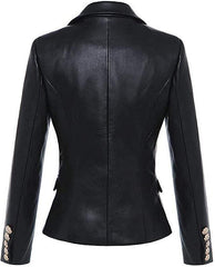 Dual Breasted Open Front Pea Leather Coat for Women with Gold Button - MNCLeather