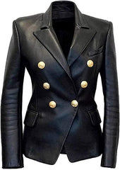 Dual Breasted Open Front Pea Leather Coat for Women with Gold Button - MNCLeather
