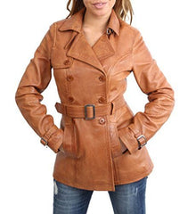Tan Brown Long Length Leather Overcoat for Women - Genuine Lambskin Leather Coat