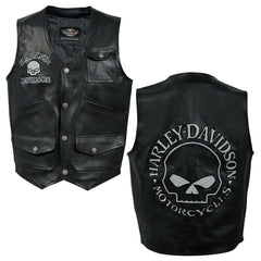 Harley Davidson Reflective Skull Distressed Black Cowhide Motorcycle Leather Vest - MNCLeather