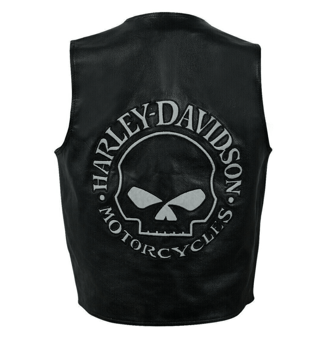Harley Davidson Reflective Skull Distressed Black Cowhide Motorcycle Leather Vest - MNCLeather