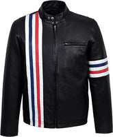 Black Red and Blue Striped Leather Motorcycle Jacket for Men - MNCLeather