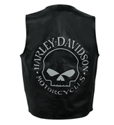 Harley Davidson Reflective Skull Distressed Black Cowhide Motorcycle Leather Vest - MNCLeather