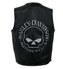 Harley Davidson Reflective Skull Distressed Black Cowhide Motorcycle Leather Vest - MNCLeather
