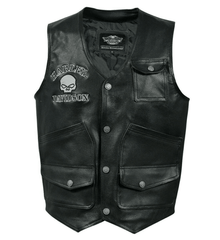 Harley Davidson Reflective Skull Distressed Black Cowhide Motorcycle Leather Vest - MNCLeather