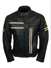 Black Cafe Racer Motorcycle Real Lambskin Leather Jacket with Beige Stripes for Men - MNCLeather