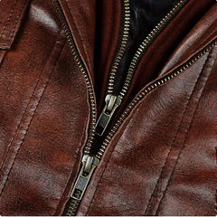 Café Racer Handmade Brown Leather Jacket with Removable Hood - Men's Motorcycle Slimfit Removable Hooded Leather Jacket - MNCLeather