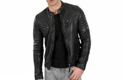 Slimfit Biker Gun Metallic Zippers Charcoal Black Real Lambskin Leather Jacket for Men - Black Motorcycle Leather Jacket - MNCLeather