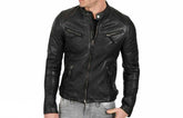 Slimfit Biker Gun Metallic Zippers Charcoal Black Real Lambskin Leather Jacket for Men - Black Motorcycle Leather Jacket - MNCLeather