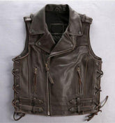 Mens Motorcycle Handmade Distressed Brown Sleeveless Cowhide Real Leather Vest with Bold Laces - MNCLeather