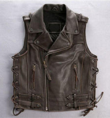 Mens Motorcycle Handmade Distressed Brown Sleeveless Cowhide Real Leather Vest with Bold Laces - MNCLeather