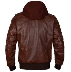Café Racer Handmade Brown Leather Jacket with Removable Hood - Men's Motorcycle Slimfit Removable Hooded Leather Jacket - MNCLeather