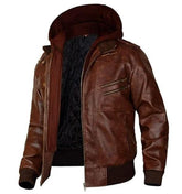 Café Racer Handmade Brown Leather Jacket with Removable Hood - Men's Motorcycle Slimfit Removable Hooded Leather Jacket - MNCLeather