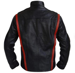 Commander Shephard Inspired Black Motorcycle Leather Jacket for Men - Handmade Black Jacket with Red Stripes - MNCLeather