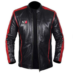 Commander Shephard Inspired Black Motorcycle Leather Jacket for Men - Handmade Black Jacket with Red Stripes - MNCLeather