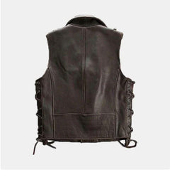 Mens Motorcycle Handmade Distressed Brown Sleeveless Cowhide Real Leather Vest with Bold Laces - MNCLeather