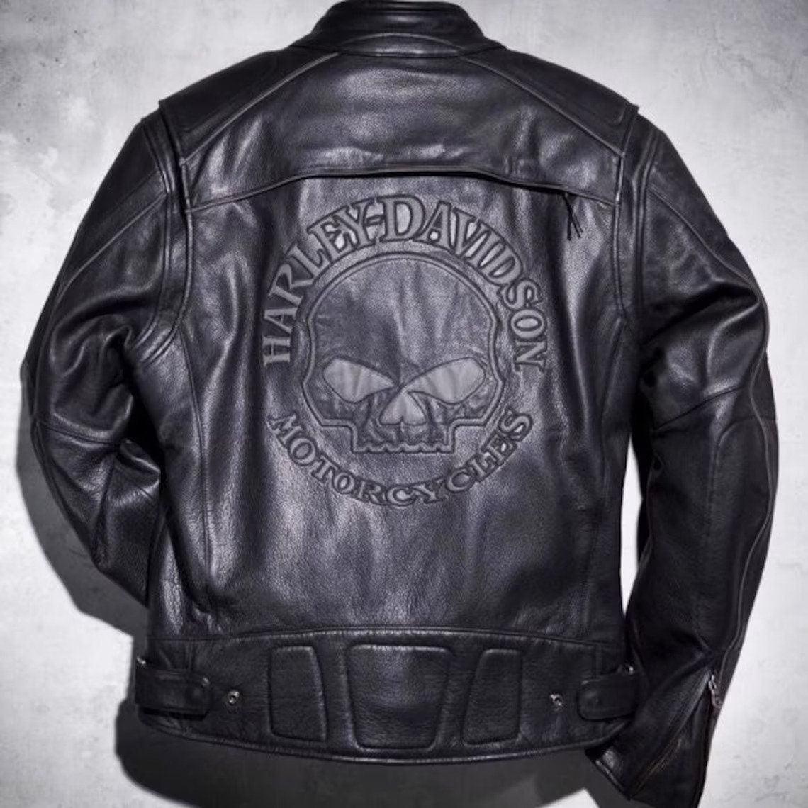 Harley Davidson Reflective Skull Motorcycle Real Leather Jacket with Multiple Pockets - MNCLeather