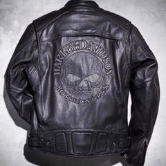 Harley Davidson Reflective Skull Motorcycle Real Leather Jacket with Multiple Pockets - MNCLeather
