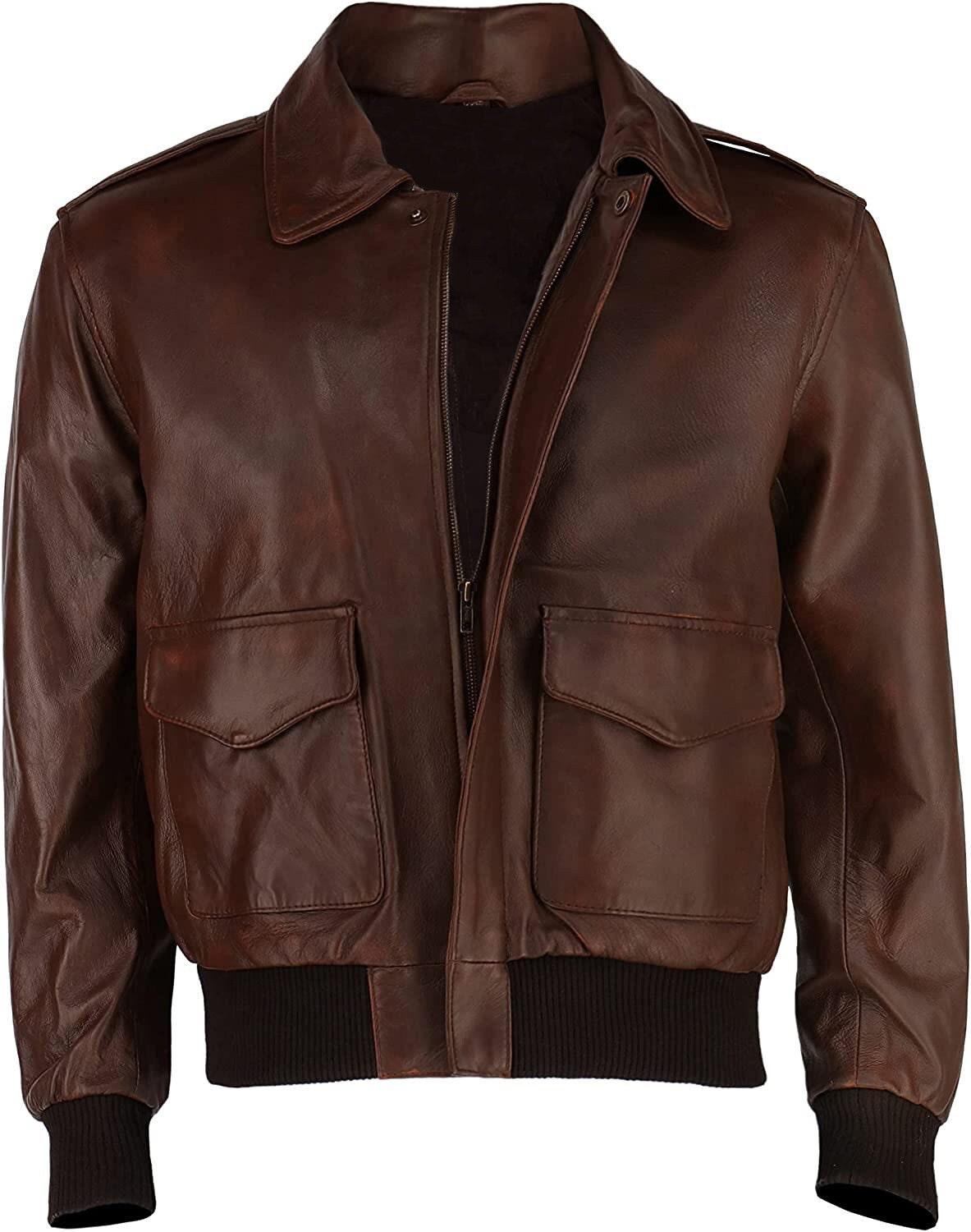 RAF Aviator WWII Military Style A2 Waxed Brown Genuine Lambskin Leather Bomber Jacket for Men in Brown Colour - MNCLeather