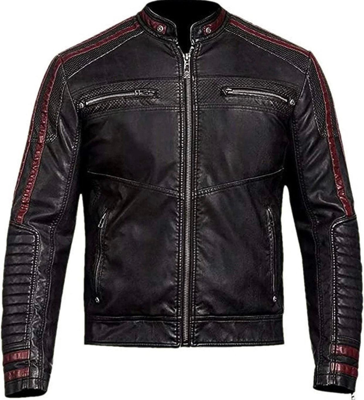 Distressed Black Motorcycle Real Lamsbkin Leather Jacket for Men - Cafe Racer N 7 Black Genuine Leather Jacket - MNCLeather