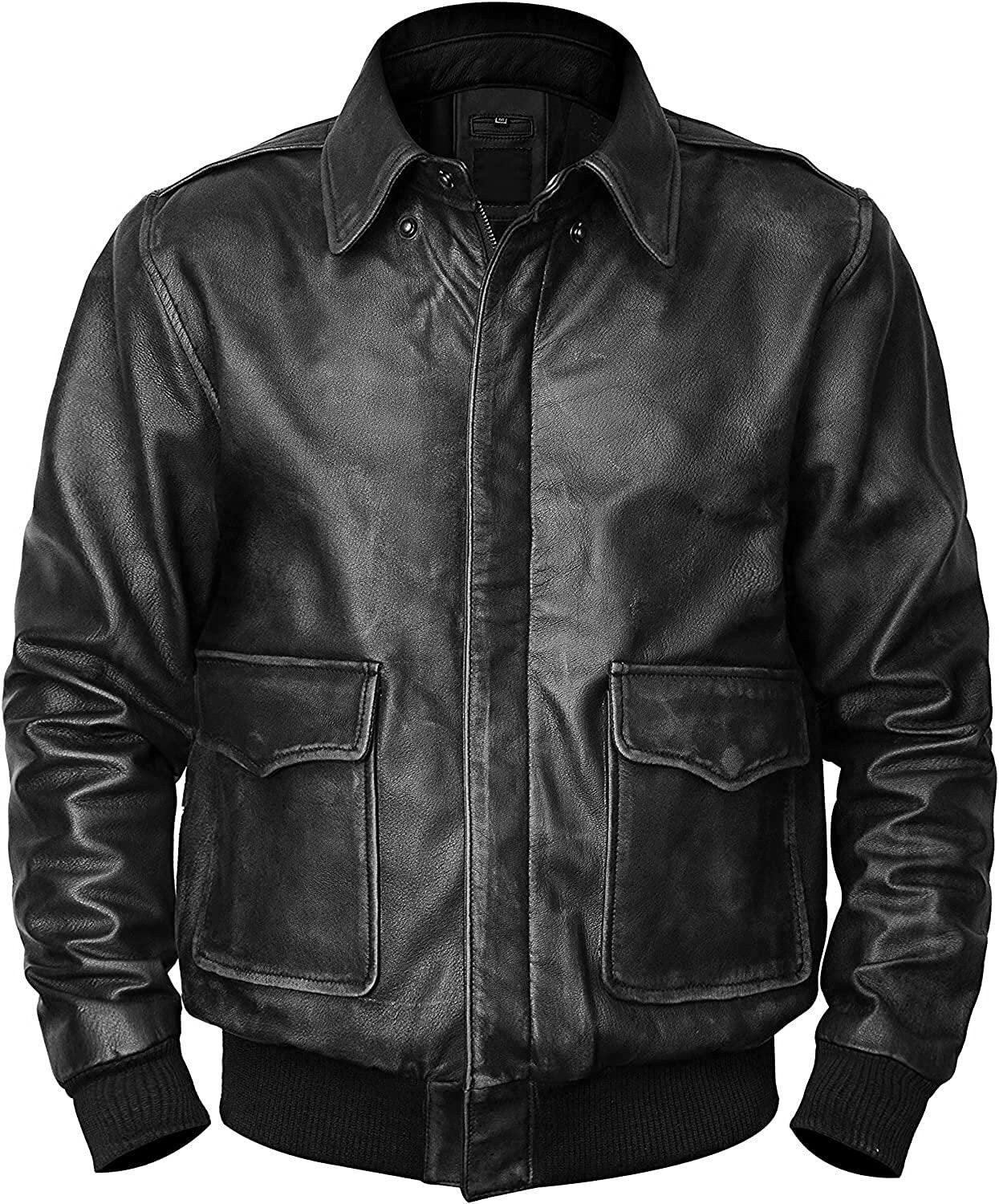 Distressed Black Military Bomber WWII Aviator Bomber Leather Jacket for Men - Cowhide Black Bomber Jacket with Pockets - MNCLeather